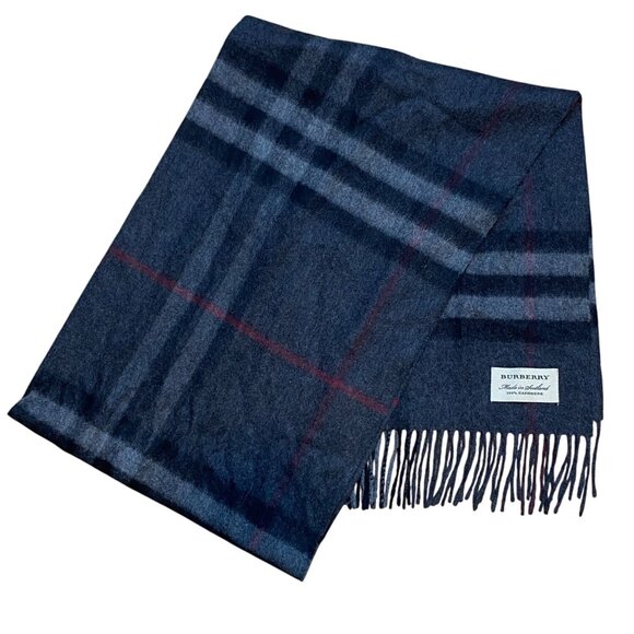 Burberry 100% Cashmere Gray & Red Plaid Fringed Scarf Scotland - Picture 1 of 6